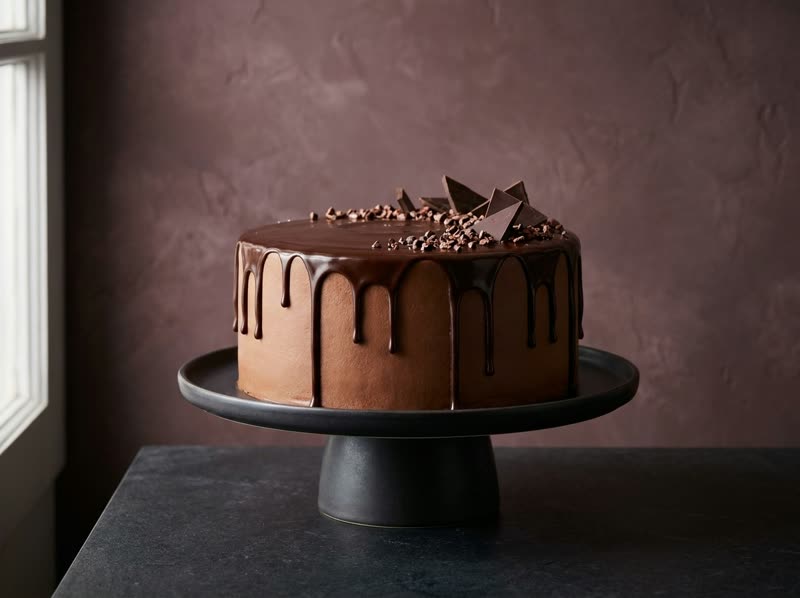 Dark chocolate drip cake with glossy ganache, cocoa nibs and chocolate shards on a dark cake stand