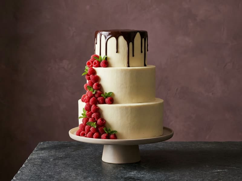 Raspberry three-tier cake in ivory vanilla cream with a dark chocolate drip and fresh raspberries cascading down one side