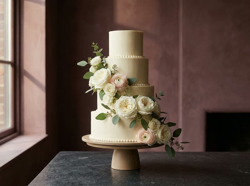 Four-tier ivory wedding cake with a cascade of white roses, blush ranunculus and eucalyptus