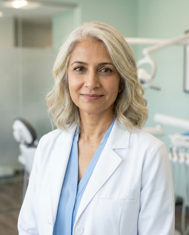 Portrait of Dr. Maren Holt, a smiling dentist with silver-blonde hair in a white clinical coat
