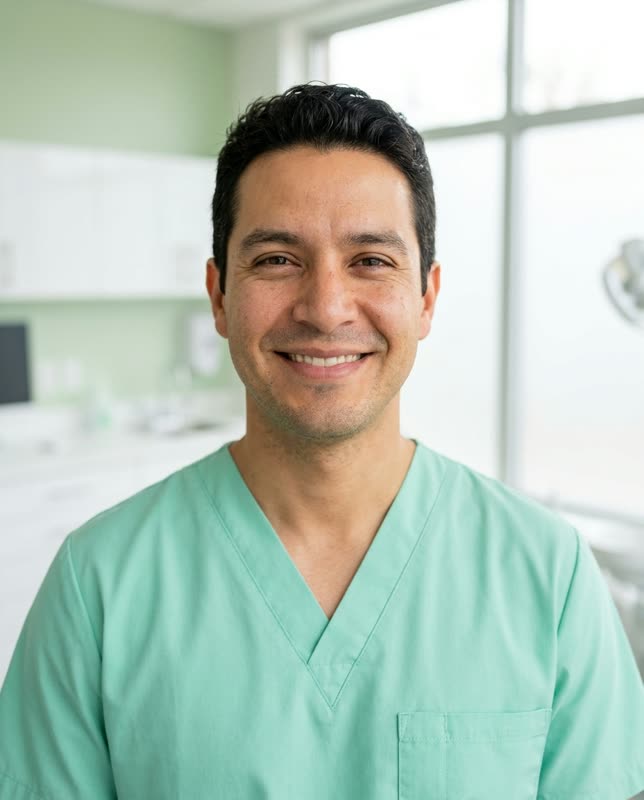 Portrait of Jonah Reyes, a smiling dental hygienist in mint scrubs