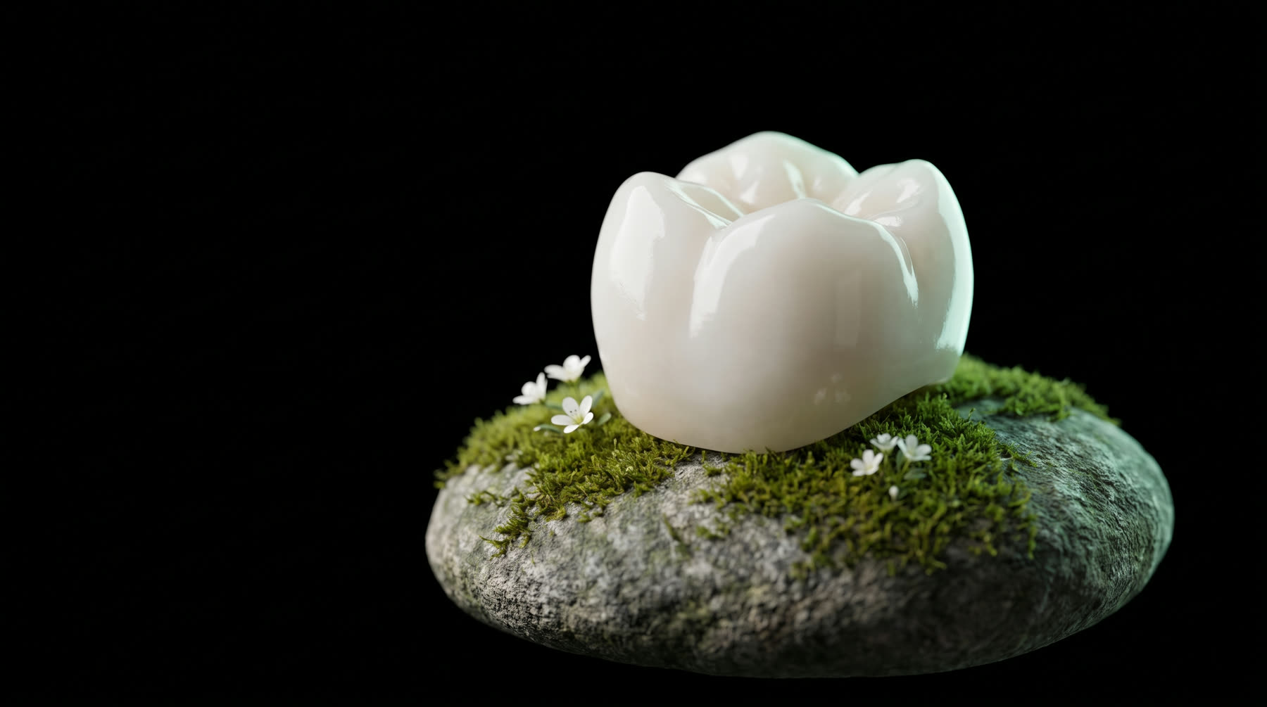 A white ceramic crown resting on a mossy stone