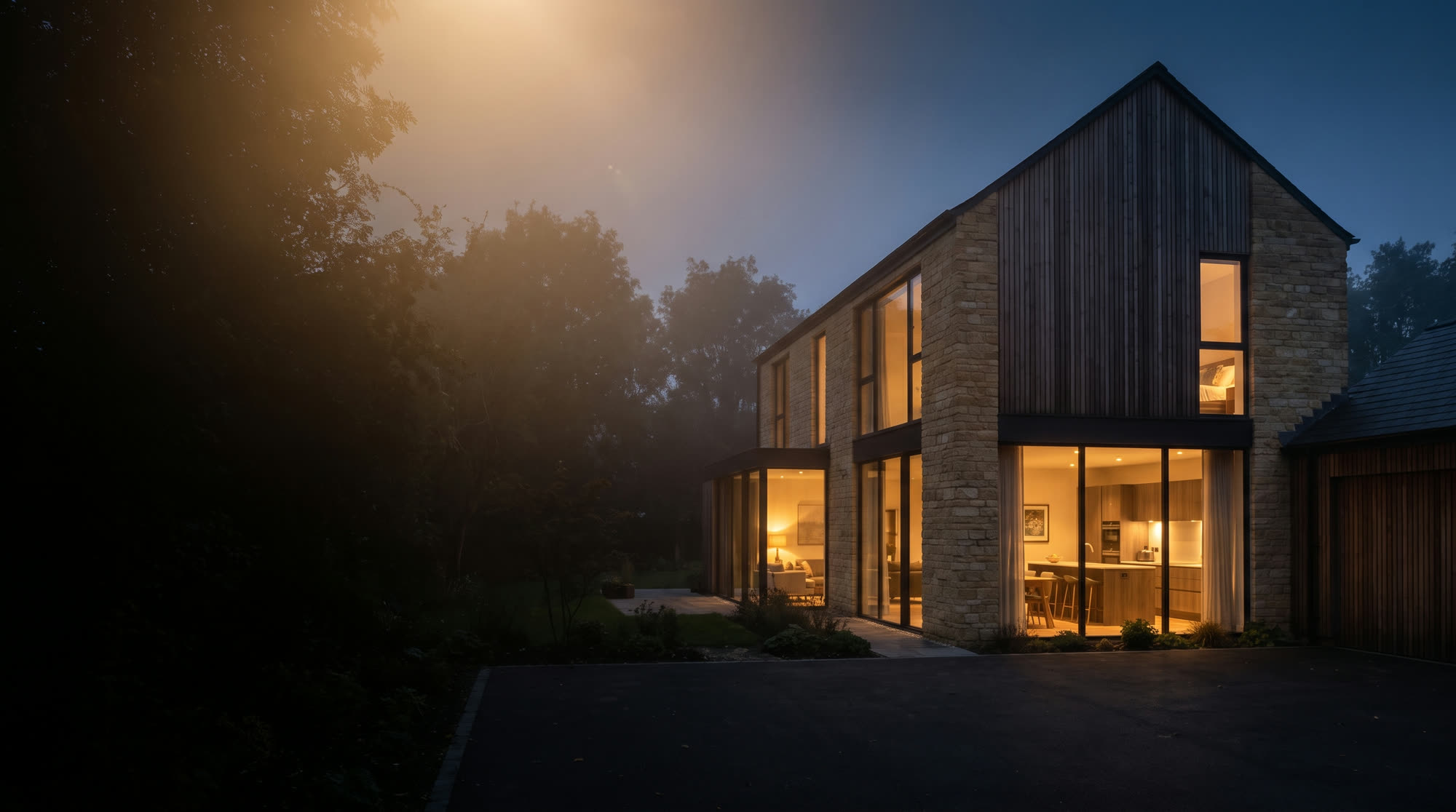 A limestone and timber house at dusk with warm light in the windows