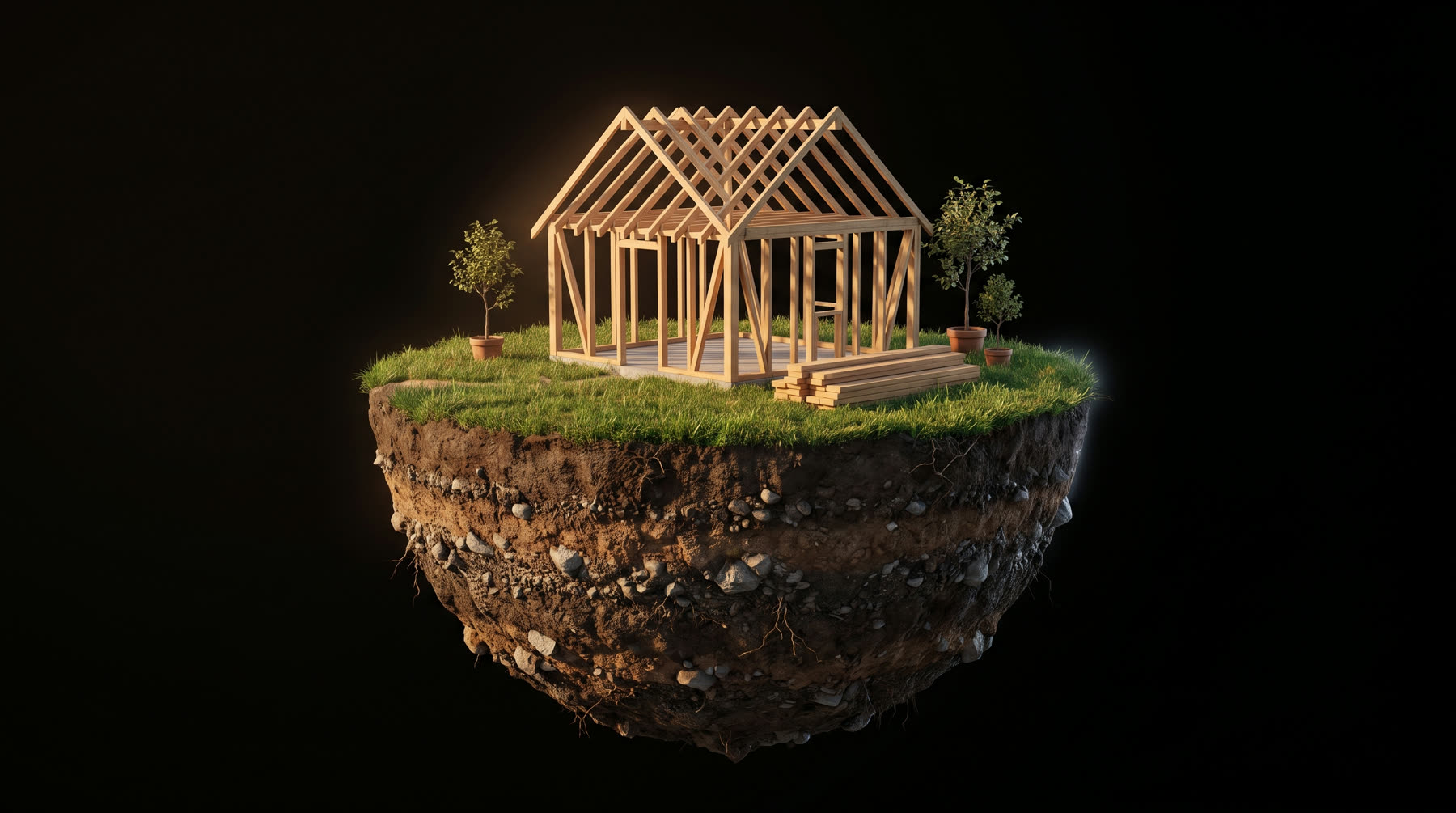 A timber house frame on a floating plot of earth